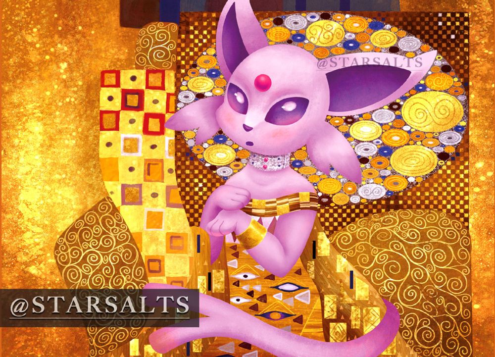 A illustration of the Pokemon, Espeon as a parody and homage to Gustav Klimt's "Portrait of Adele Bloch-Bauer I"