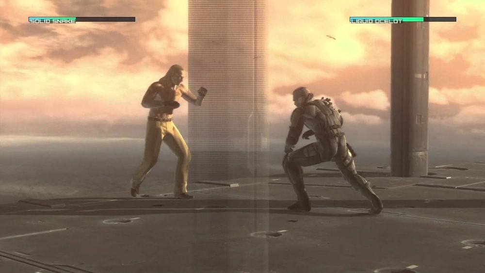 Screenshot of the Snake vs Ocelot fight from Metal Gear Solid 4. No, not the one of Ocelot kissing Snake on the cheek.