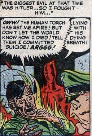 Jim Hammond, the original Human Torch, lighting Hitler on fire from Young Men 24 by Hank Chapman and Heath Russ