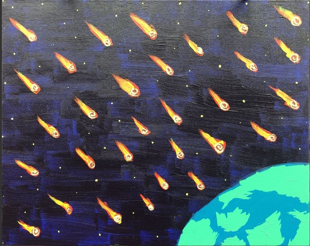A painting of asteroids hitting the earth.
