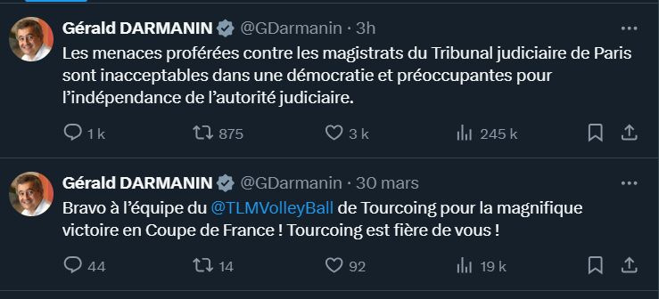 Tweet de Darmanin : Les menaces proférées contre les magistrats du tribunal judiciaire de Paris sont inacceptables dans une démocratie et préoccupantes pour l'indépendance de l'autorité judiciaire (juste avant, tweet du même Darmanin sur la victoire de l'équipe de volley de Tourcoing)