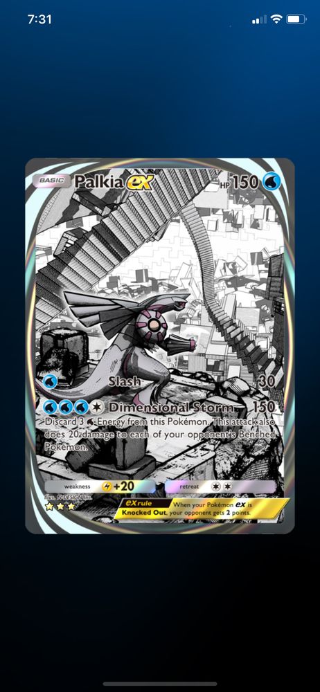 A screenshot of the Palkia ex immsersive rare card from Pokèmon TCG Pocket, on the screen you see when you get it from a pack, with a dark blue and black background, before the animation in the card plays.
