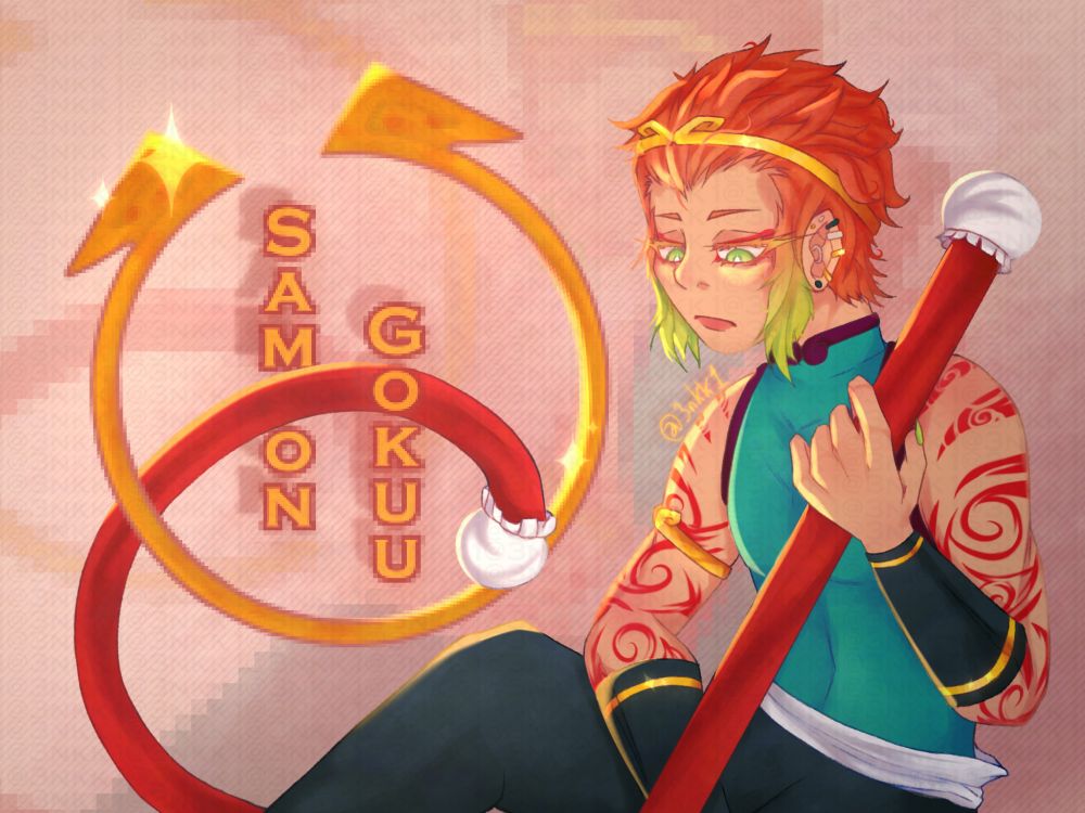 A drawing of the character Samon Gokuu from Nanbaka! In the drawing, he's sitting down, his staff on the shoulder.