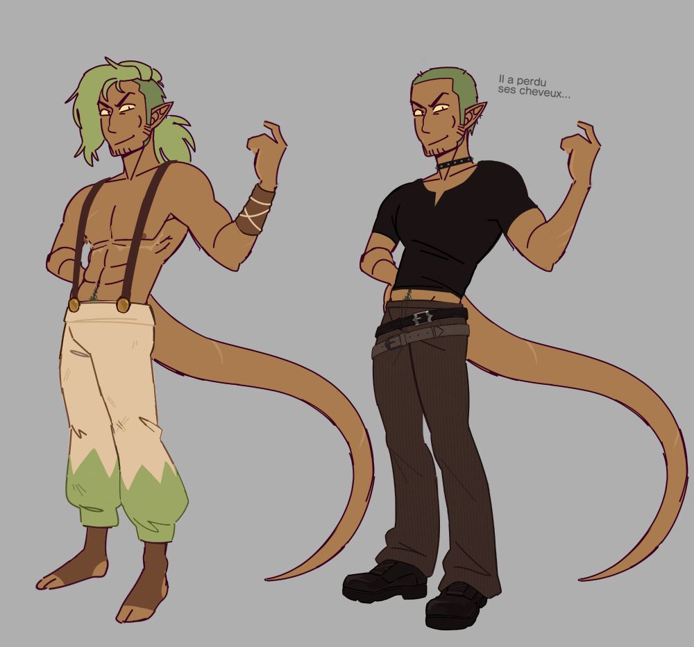 Outfit 3 : off-white loose baggy pants (with light green triangle patterns at the bottom), suspenders and socks.

Outfit 4 : black T-shirt, dark brown pants and 2 belts (bc he's cool like that). Black boots and a spiked choker 