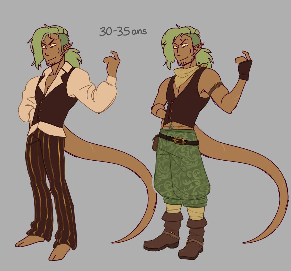 Outfit one : dark brown sleeveless suit jacket, off white long sleeves shirt and a brown pant with vertical gold stripes

Two : same jacket without the shirt, baggy dark green pant (roccoco pattern, idk how to describe it), bandages around his calf and "pirate" leather boots. He also has a dark brown belt and a bandana around his neck, and gloves 