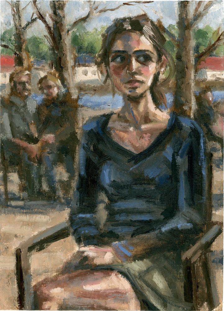 A woman sitting in a park with other people in the background. Original oil painting by Jon Amdall, made for the Postcard Art Exhibit.