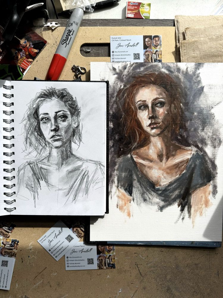 Red haired girl, oil painting and pencil drawing comparison. By Jon Amdall
