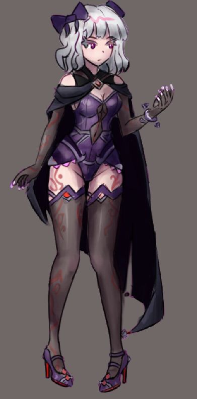 ominous cultish looking lady wearing sorta mismatched heels with an assymetric cape.

she looks very ominous 