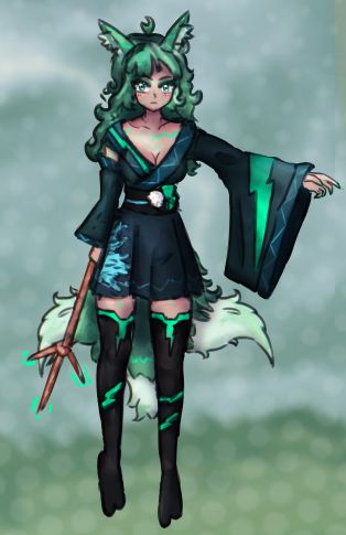 green haired fox girl with an off-the shoulder kimono with a cut off sleeve detached and the other big! same colour skirt, black lightning thigh highs and holding a lightning rod

she looks rather serious