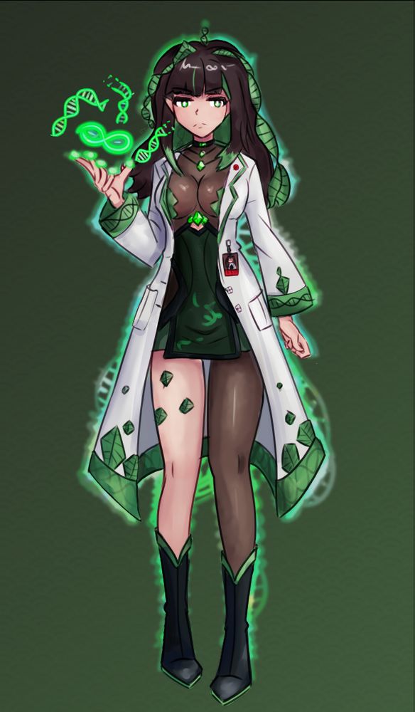 scientist lady with a compression shirt and a greena ura. She's wearing a labcoat and half a stocking. She has dark blue boots and a silly little id badge of herself before ascending into the demigoddess thingymabob