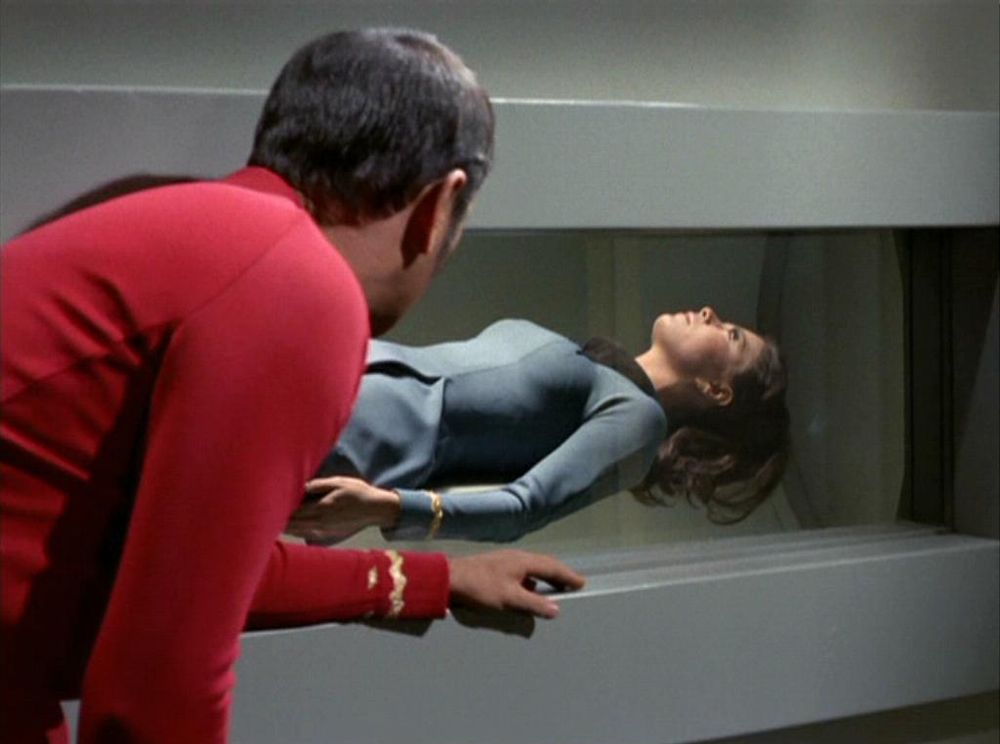 Scotty, seen from behind, stooping to look at a brunette woman in Starfleet's science officer blue hovering inside a constricting chamber.