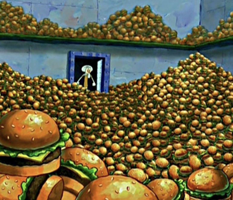Screenshot from the SpongeBob episode "Just One Bite" as Squidward peers excitedly into a gigantic vault full of Krabby patties.