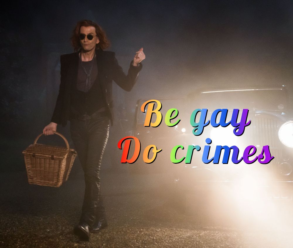 A man clad in black with a smug expression holding a wicker basked, walking away from a car. 
Be gay do crimes 