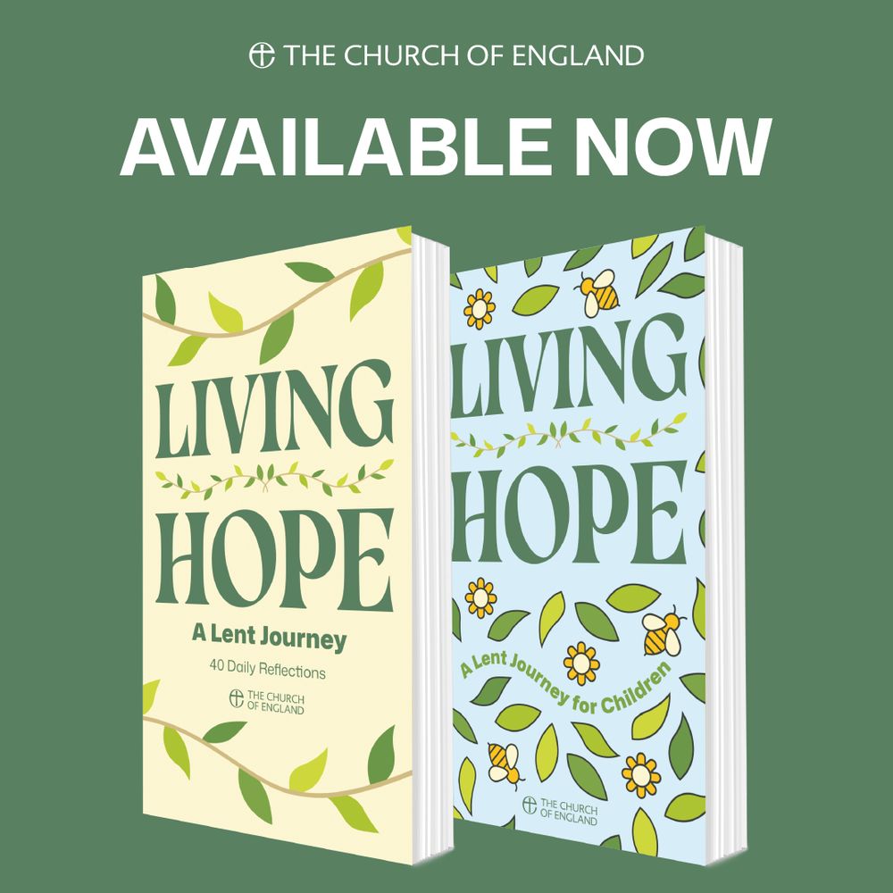 Promotional image featuring two books titled "Living Hope" and "Living Hope: A Lent Journey for Children" by the Church of England, decorated with floral designs, available now.