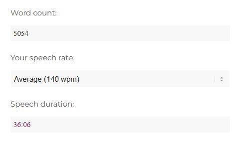 word count: 5054
your speech rate: average (140 wpm)
speech duration: 36:06