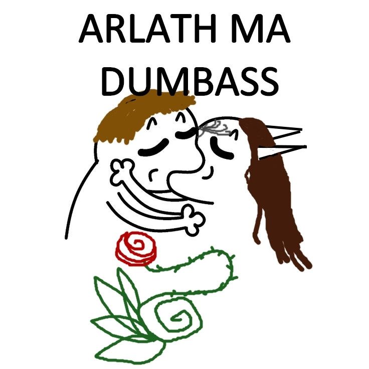 Alistair and Mahariel French kissing with a rose underneath and the caption ARLATH MA DUMBASS