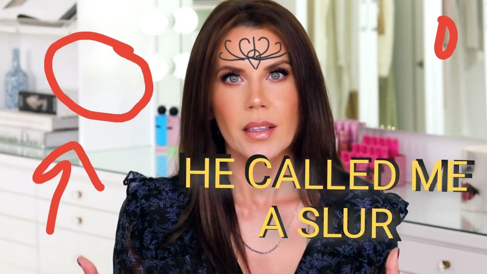 Edit of the Tati thumbnail of when she cancelled James Charles with added Elgar'nan vallaslin, big red circles circling nothing and accentuated by a big red arrow, and in big bold yellow letters the caption reads HE CALLED ME A SLUR