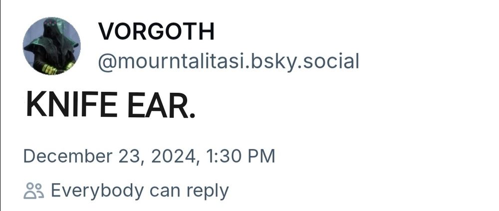 Poorly edited screenshot of a Vorgoth skeet made to look like he dropped the Knife Ear slur