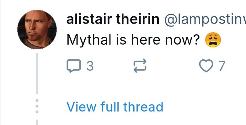 Screenshot of Alistair asking if Mythal is indeed here now