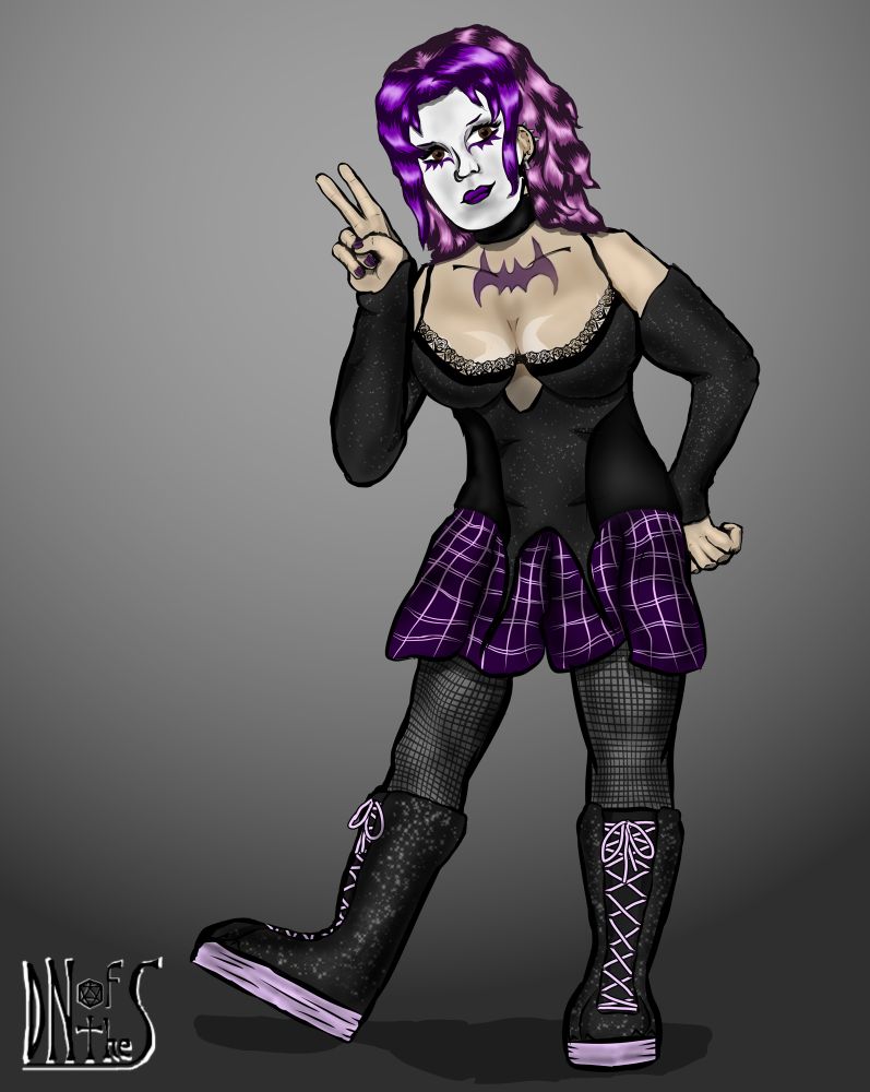 Full body artwork of a goth girl, said character belonging to bee.beenny on Instagram. She wears fishnet stockings, tall boots, a short skirt, a sparkly black dress with lace around the cleavage, and a choker. She also has a purple bat tattoo on her chest.