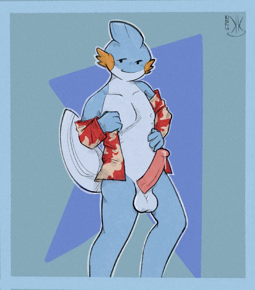 NSFW: Luke standing, taking off a red shirt, bottomless, smiling, balls and pink erection with precum shown