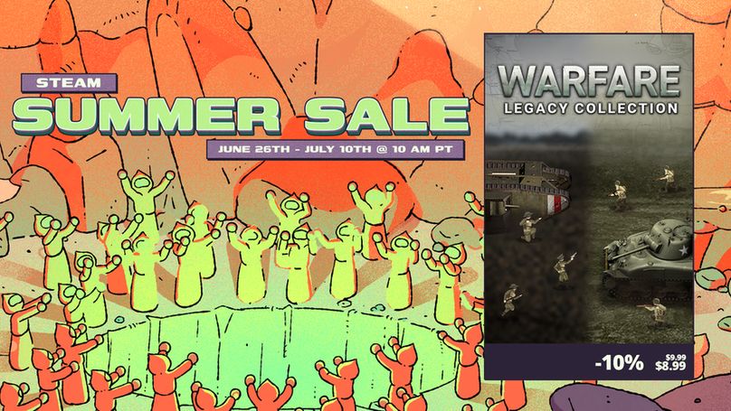 The key art for the Steam Summer Sale, a bunch of characters wearing robes with their arms up surrounding a pit. They are all in shades of orange, yellow, and bright green. The key art for Warfare Legacy Collection is on the side. Two battlefields from different eras merge into one, tanks loom and soldiers run towards each other.