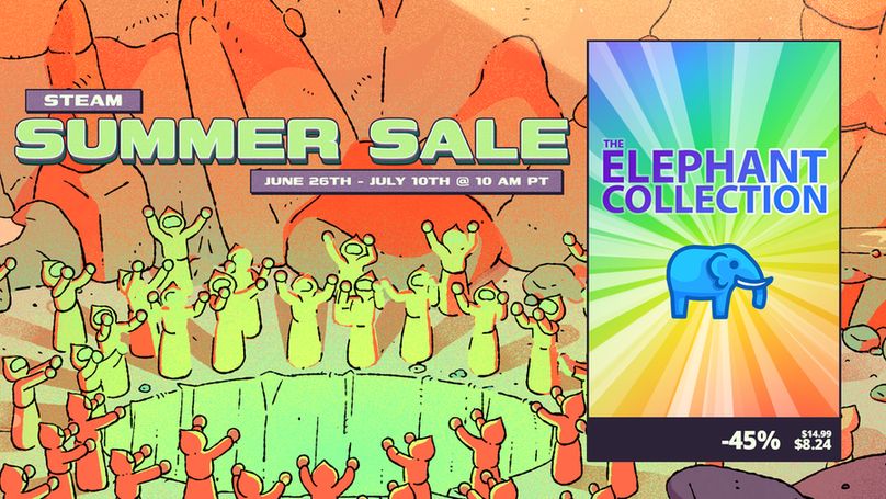 The key art for the Steam Summer Sale, a bunch of characters wearing robes with their arms up surrounding a pit. They are all in shades of orange, yellow, and bright green. The key art for The Elephant Collection on the side. A blue elephant stands happily in the middle of a rainbow swirl.
