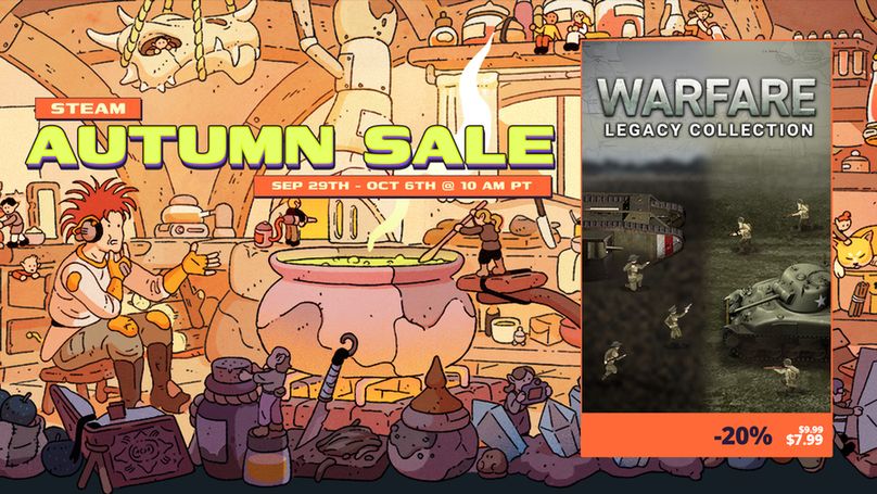 The Steam Autumn Sale key art, a character sitting in a cluttered room with a cauldron, hanging bones, and pottery scattered throughout. The keyart for Warfare Legacy Collection is on the right.