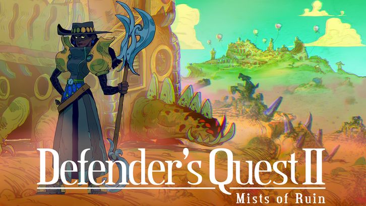 The key art for Defender's Quest 2: Mists of Ruin a woman stands in the foreground looking angry, she is wearing a black wide-brimmed hat, black armor, and a black skirt. She is holding a staff with swirls of blue at the top. Behind her is a large creature with green scaly skin and a lot of teeth, and 6 red eyes. In the background is a city that is blurred with green mist.