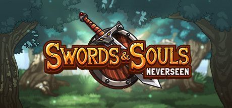 The key art for Swords & Souls: Neverseen. A sword and shield overlaid on a green forest.