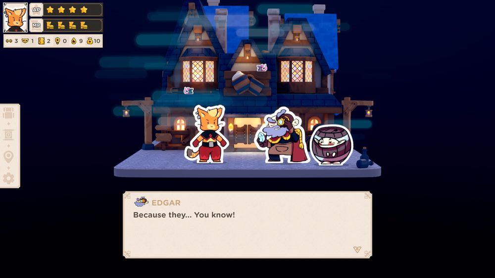 A man, named Edgar, with a beard is standing and looking at an orange Pyro cat and saying "Because they...You know!"