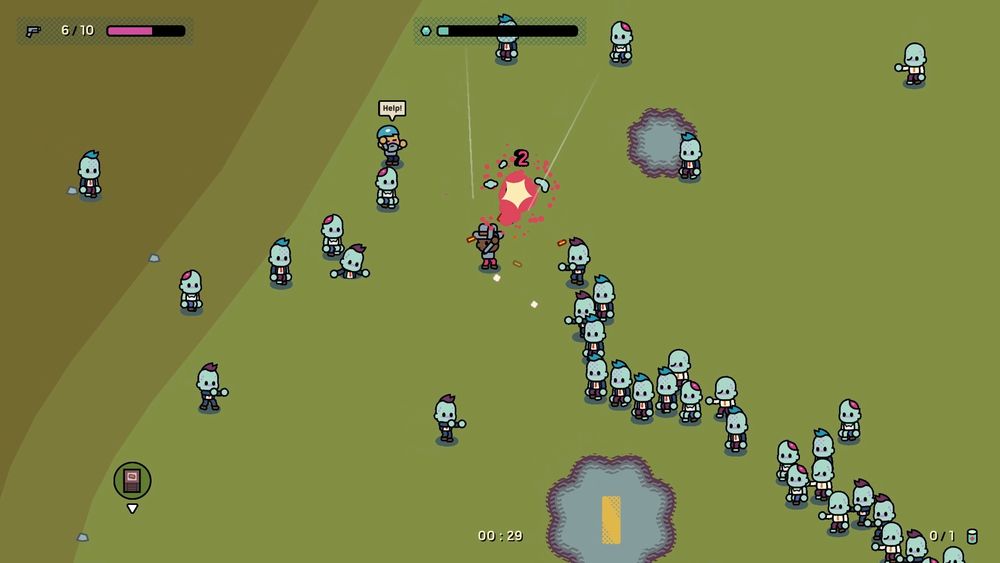 A small character in a blue hat shoots blue demons that are all running towards him and another small character yelling "Help!" with a demon very close to him.