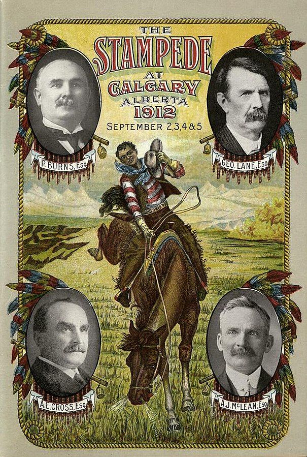 Program for 1912 Calgary Exhibition and Stampede, front cover. Each corner features a portrait: P. Burns, Geo. Lane, A.E. Cross, and A.J. McLean. In the center is a picture of a man riding a bucking horse on a field of grass with mountains in the background.