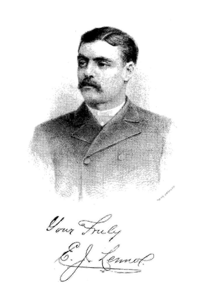 A drawn portrait of E.J. Lennox. He is wearing a buttoned up jacket and has dark hair and a mustache. Under the image is handwritten "Your Truly E.J. Lennox."