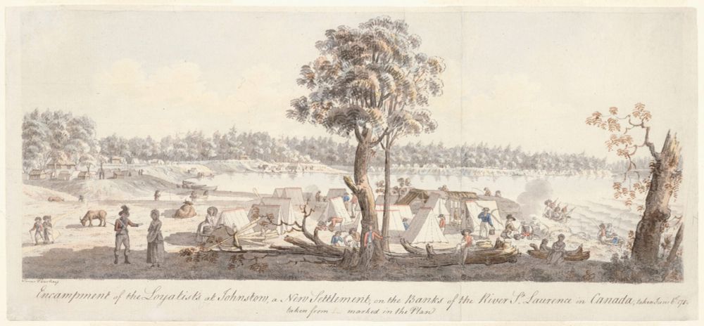 "Encampment of the Loyalists at Johnstown [Cornwall]". Artist: James Peachey. This is a drawing of an encampment on a body of water which is in the background. A cluster of cloth tents is in the centre, behind a large leafy tree. Various people and animals are shown in the scene. 