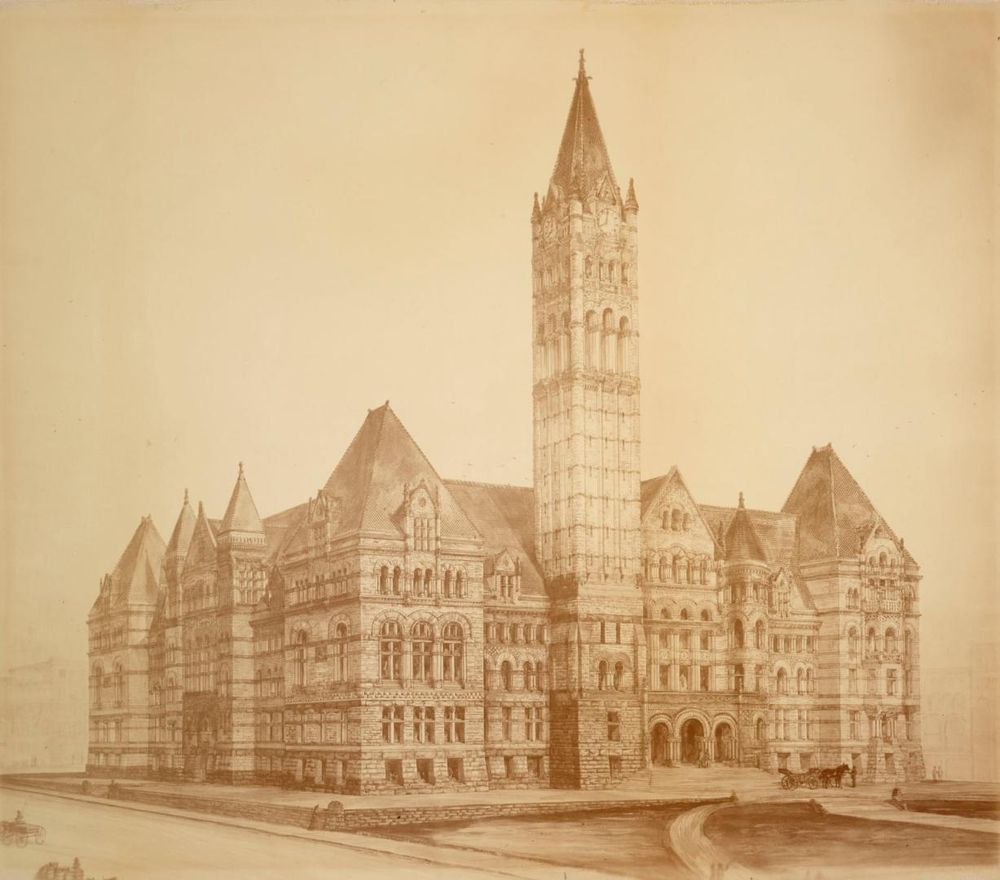 A sepia-toned image of Toronto's Old City Hall - a four-cornered building with a tall thin tower in the front, rising to a sharp point. 
