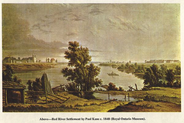 Red River Settlement 1848 by Paul Kane. Buildings and fences line the river banks. There is a large leafy tree in the centre of the frame. 