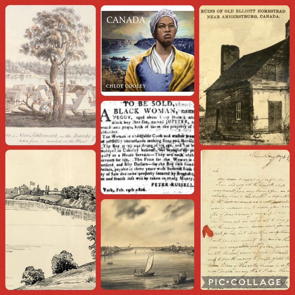 A collage of images with a dark red background. The images are historical drawings of landscapes and a homestead, a hand-written letter, a newspaper advertisement selling an enslaved person, and a Canada Post stamp featuring Chloe Cooley, a Black woman.