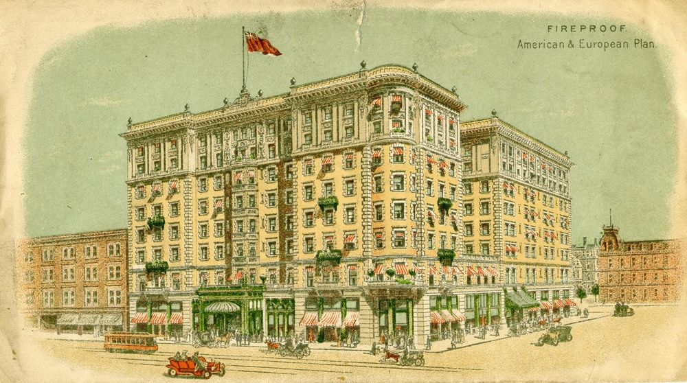 A colour painting of the multi-story King Edward Hotel. The brick is yellow and greenery adorns the facade. A red car and a yellow tram drive by in front. 