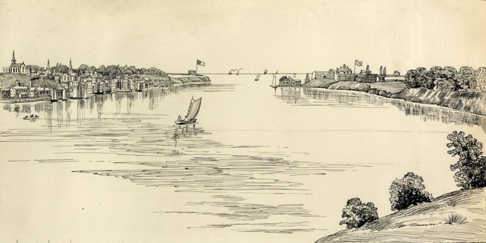 A sketch of the view looking northwest to mouth of Niagara River; Niagara is on the left and Fort Niagara, N.Y., is on the right. There is a sail boat in the middle of the river. Date: 1846.