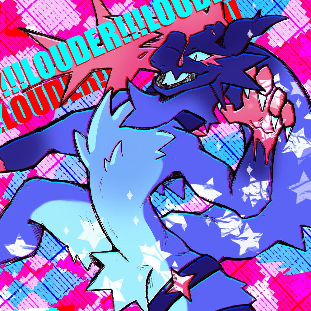 A blue and cyan dragon-like lizard anthro wildly posed as they hold up a clawed hand. There is vivid, bright colors behind them and words that say the word "LOUDER!!!" over the character.