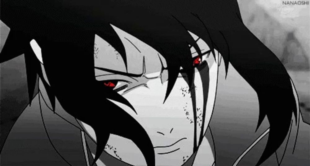 a black and white drawing of sasuke uchiha with red eyes .