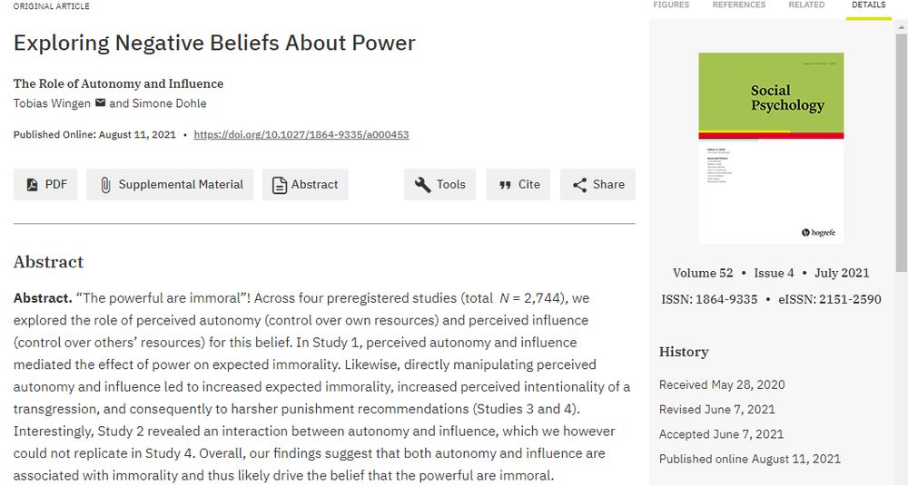 Exploring Negative Beliefs About Power: The Role of Autonomy and Influence

Abstract. “The powerful are immoral”! Across four preregistered studies (total N = 2,744), we explored the role of perceived autonomy (control over own resources) and perceived influence (control over others’ resources) for this belief. In Study 1, perceived autonomy and influence mediated the effect of power on expected immorality. Likewise, directly manipulating perceived autonomy and influence led to increased expected immorality, increased perceived intentionality of a transgression, and consequently to harsher punishment recommendations (Studies 3 and 4). Interestingly, Study 2 revealed an interaction between autonomy and influence, which we however could not replicate in Study 4. Overall, our findings suggest that both autonomy and influence are associated with immorality and thus likely drive the belief that the powerful are immoral.
