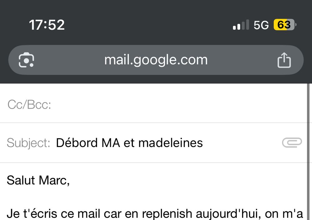 sujet d'un mail à un collegue qui dit "debord MA et madeleines"