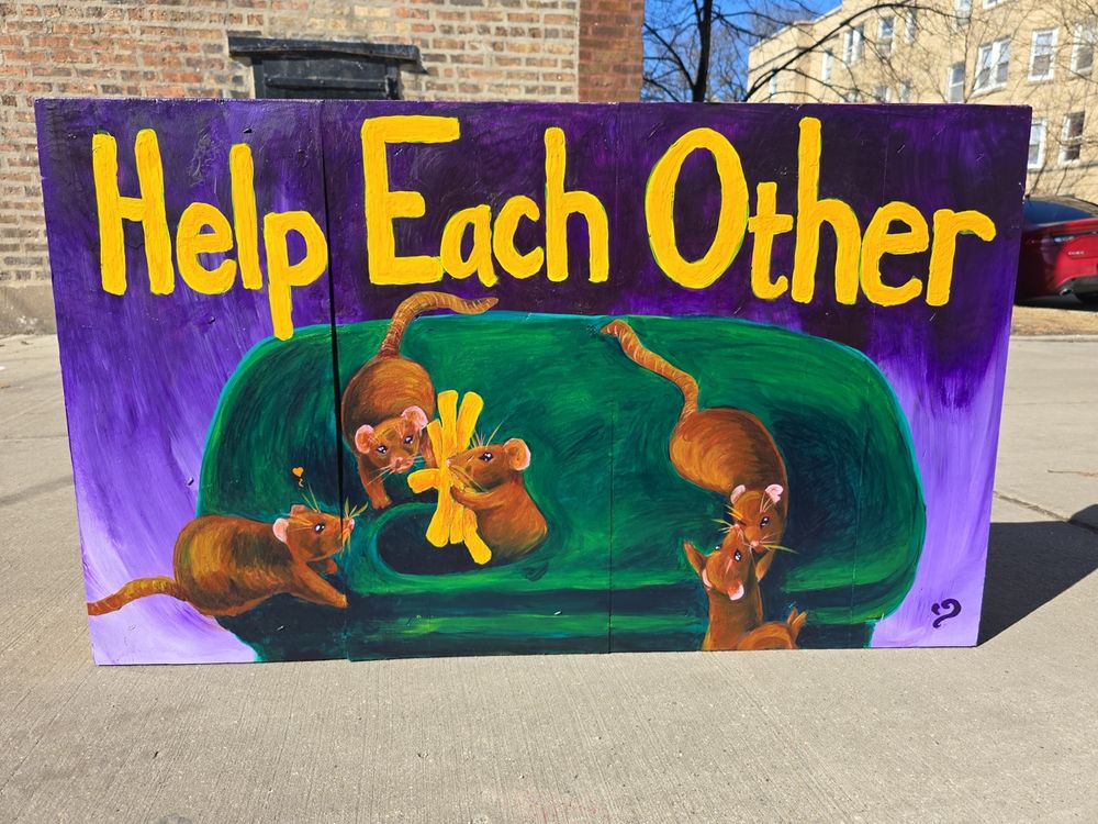 Help Each Other text over a green trash bin and cute rats 