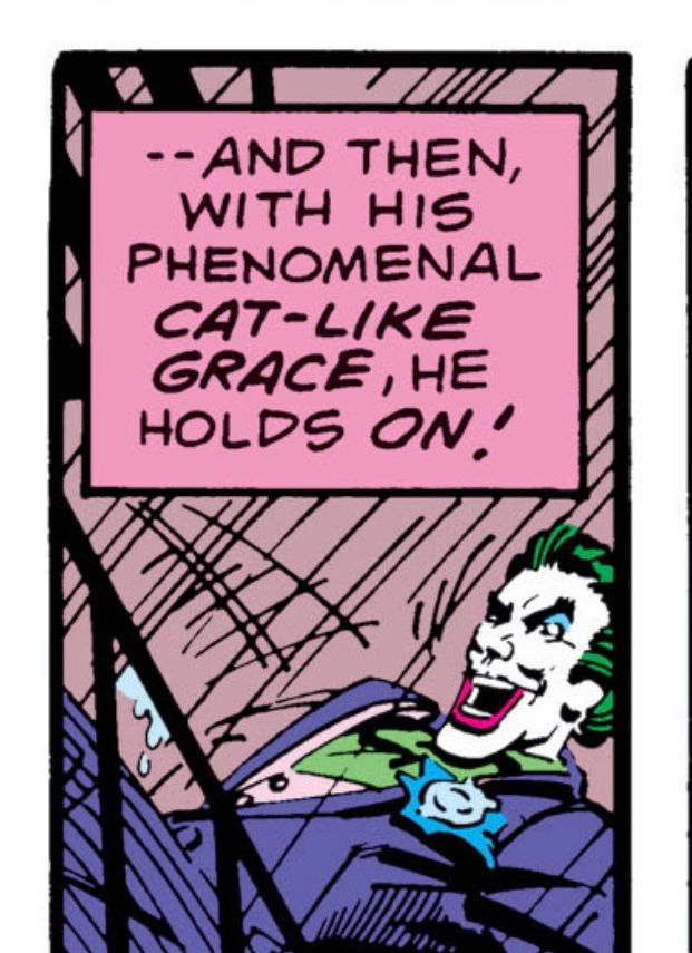 A classic comic book panel of the Joker escaping on an outdoor stairwell in the rain. The caption box reads: AND THEN, WITH HIS PHENOMENAL CAT-LIKE GRACE, HE HOLDS ON!