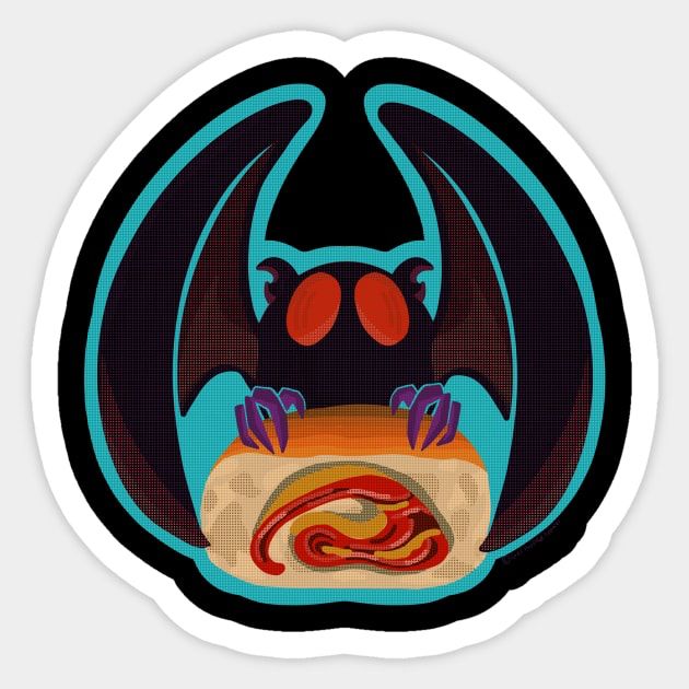 Cartoon like illustration of the mothman presenting a pepperoni roll, a West Virginian delicacy. 