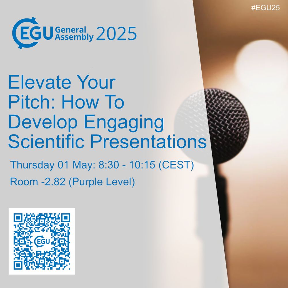 Promotional image advertising a short course at the EGU General Assembly 2025. The text reads: how to elevate your pitch: how to develop engaging scientific presentations. Thursday 01 April: 08:30 - 10:15 CEST. Room -2.82 (Purple Level).