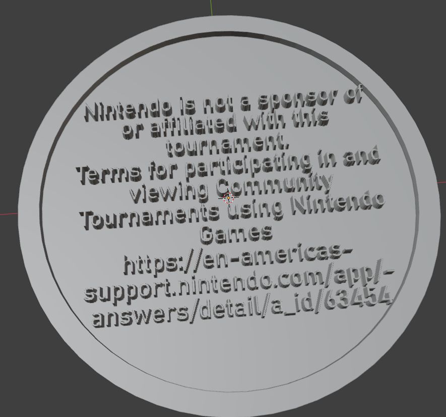 A round medal with the text "Nintendo is not a sponsor of or affiliated with this tournament. Terms for participating in and viewing Community Tournaments using Nintendo games https://en-americas-support.nintendo.com/app/-answers/detail/a_id/63454"