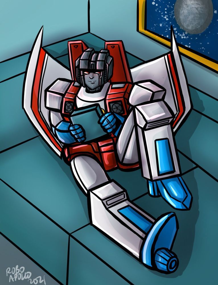 Starscream reading a tablet while sitting on a couch. 